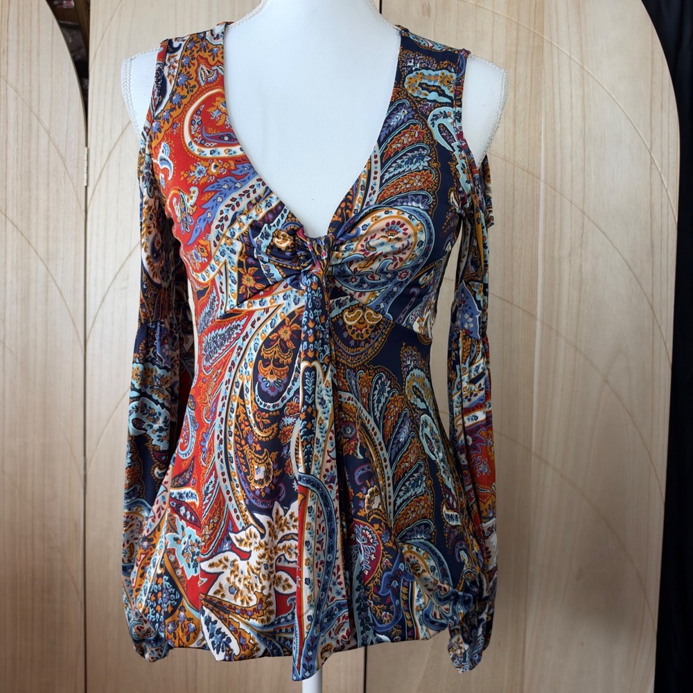 Venus Cold Shoulder Top Small Multicolor Paisley Knot Front Boho Blouse